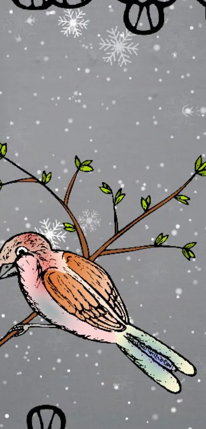 Illustrated sparrow on a snowy branch with gray background.