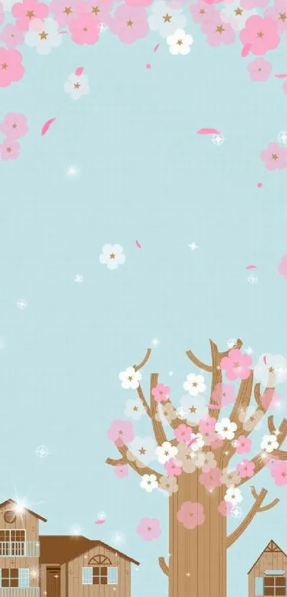 Whimsical cherry blossom background with pastel blue sky.