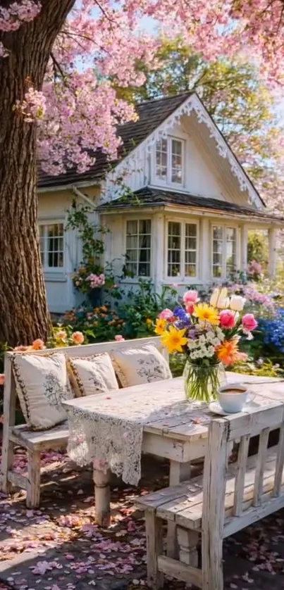 Rustic cottage with blooming spring flowers.