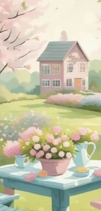 Charming spring garden with pink cottage and blooming flowers.