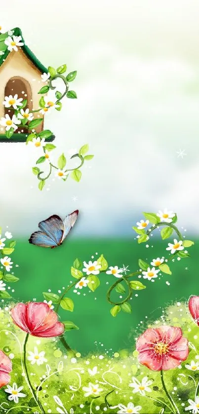 Charming spring garden wallpaper with flowers and birdhouse scene.