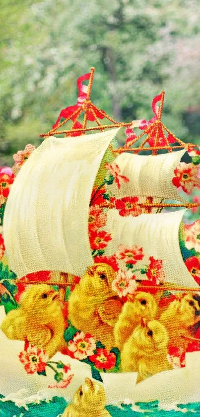 Ducklings aboard a flower-decorated ship in a spring garden.