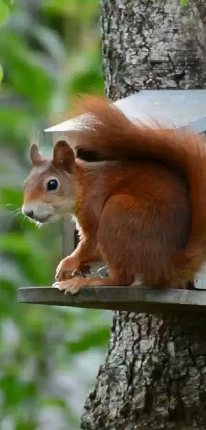 Red squirrel perched on tree, vibrant green background.