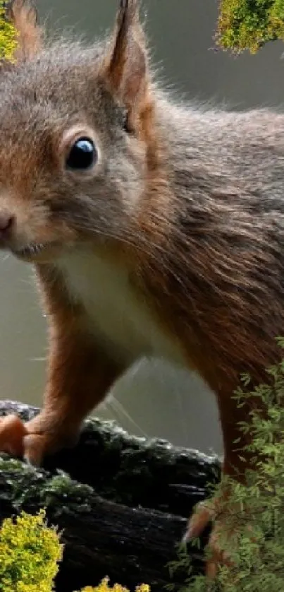 Curious squirrel in lush green foliage on a forest backdrop for mobile wallpaper.