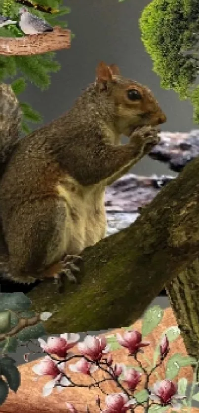 Squirrel on a branch amidst lush greenery and blooms.