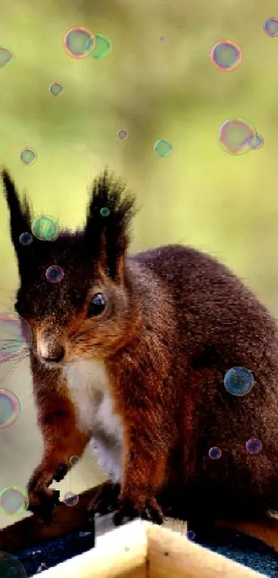 Red squirrel on rooftop against blurred green forest background.