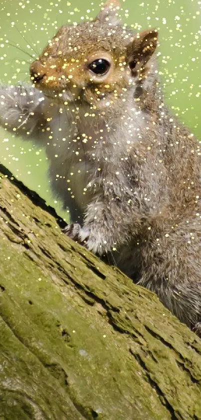 Squirrel climbing a tree in a calm, green nature setting.