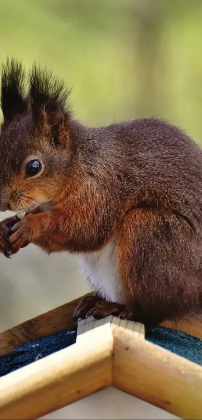 Cute squirrel on a wooden roof amidst a forest background.