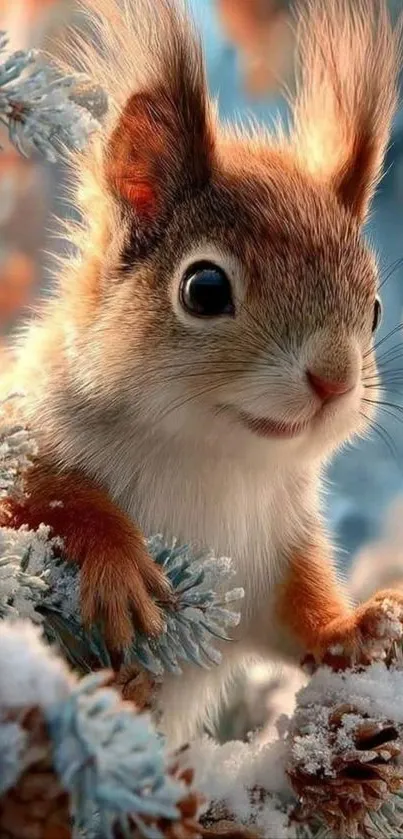 Cute squirrel perched in snowy branches.