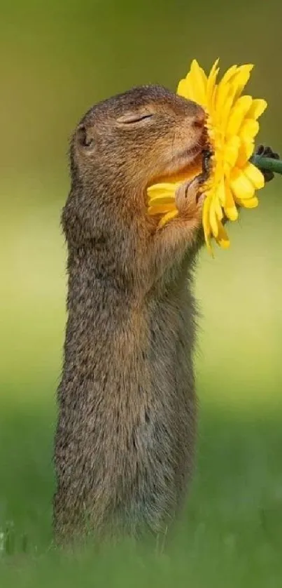 Squirrel lovingly holding a yellow flower in a green meadow.