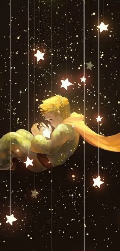 Boy floating among stars in a stylized night scene.