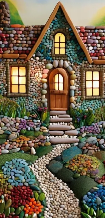 Charming stone cottage with vibrant pebble pathway.