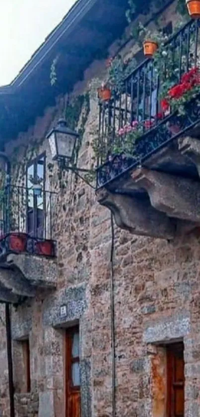 Charming stone house with vibrant flowers on balcony.