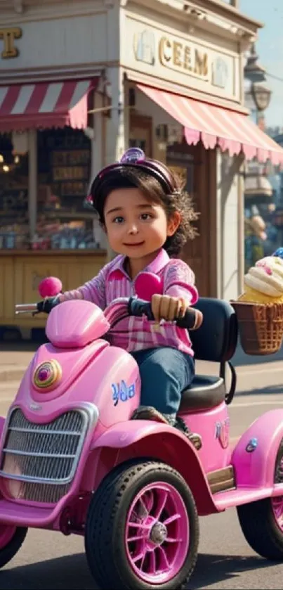 Child enjoying a ride on a pink bike in a lively city street scene.