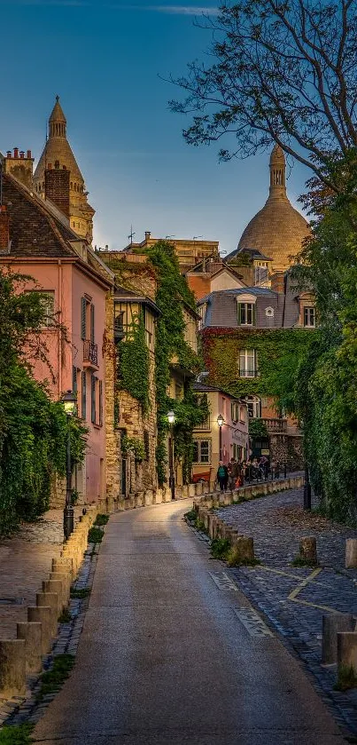 Quiet European street at dusk with warm lighting and charming buildings.