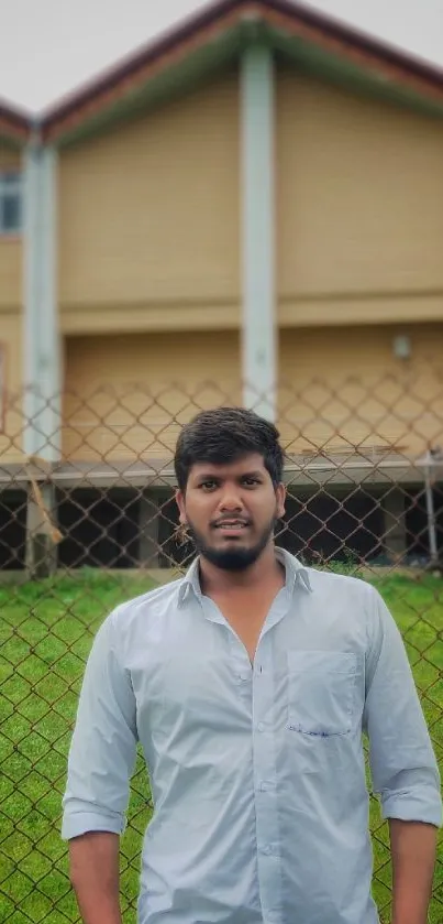 Young man in front of suburban homes with green lawn.