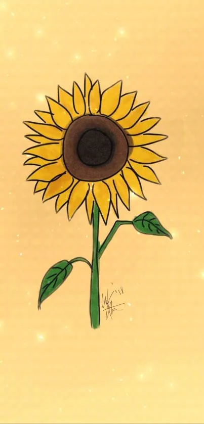 Artistic sunflower illustration on a golden background for mobile wallpaper.