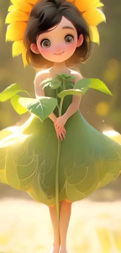 Beautiful sunflower fairy with a glowing dress in a magical setting.