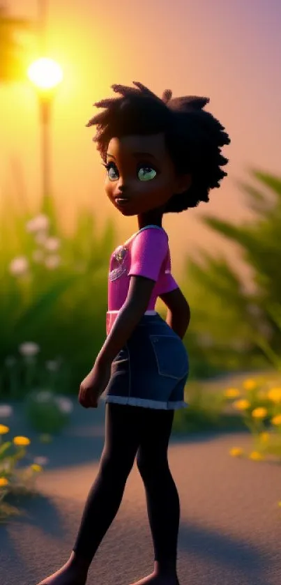 Animated character in sunset garden scene.