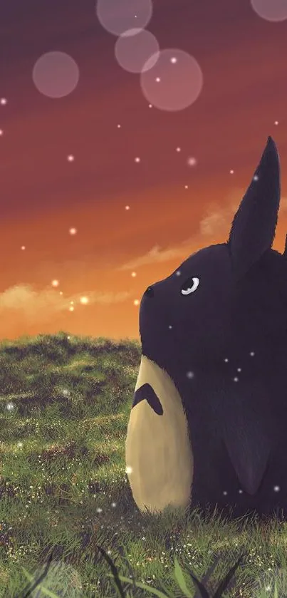 Whimsical creature gazing at sunset in a lush field, creating a magical scene.