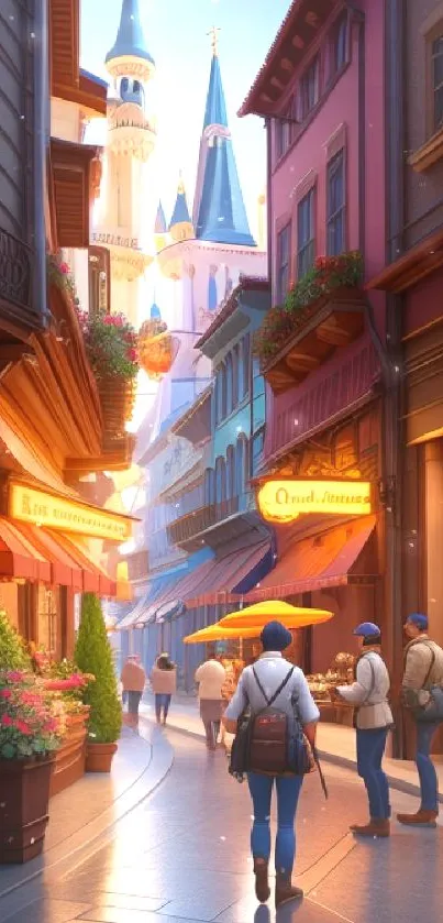 Charming sunset view of a vibrant European street scene.