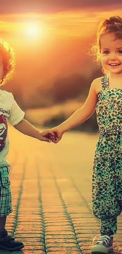 Two kids holding hands at sunset, smiling joyfully.