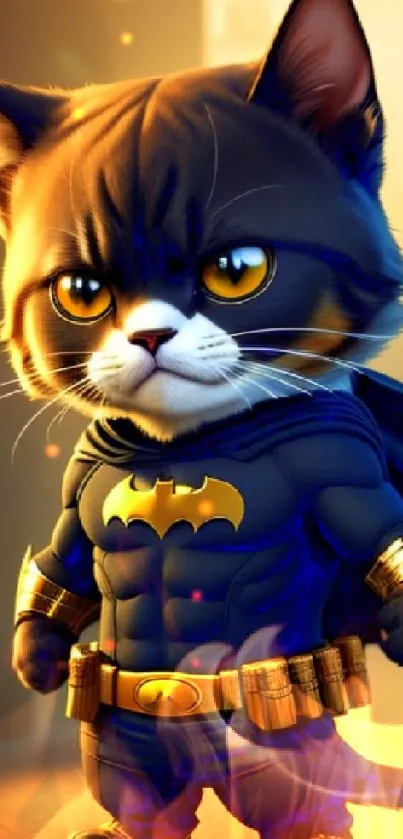 Cute cat in superhero costume standing with city background.