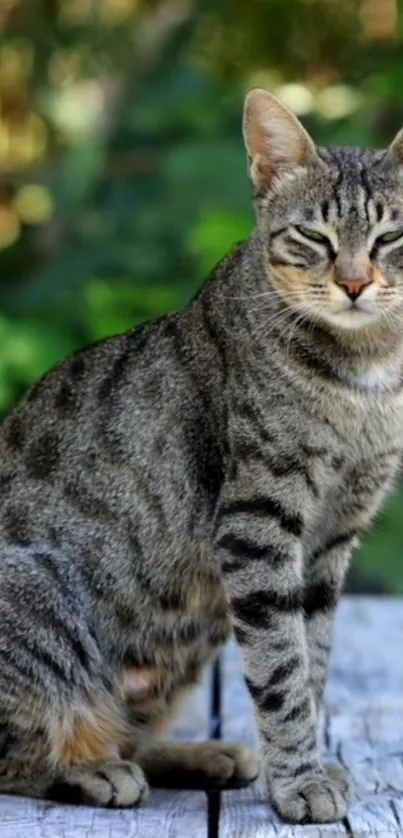 Charming tabby cat sitting on wooden table against green background.