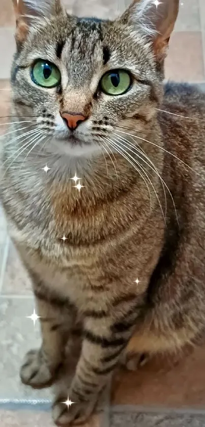 Charming tabby cat with green eyes sitting on a tiled floor.