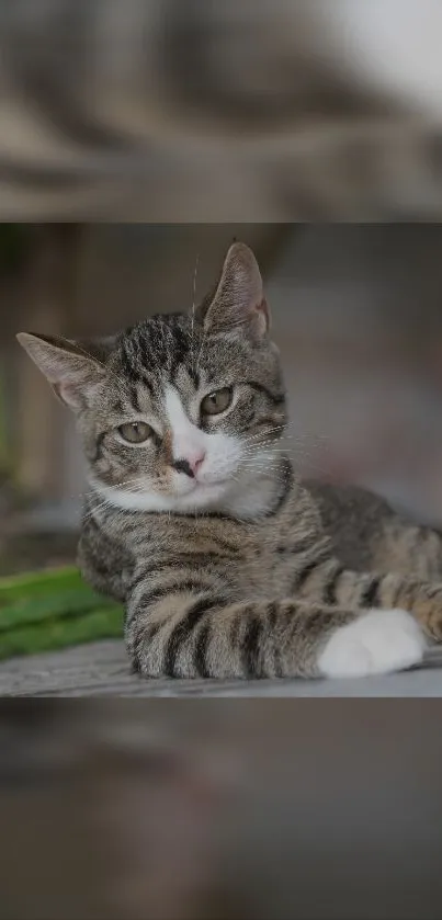 A serene tabby cat resting outdoors amidst lush greenery.