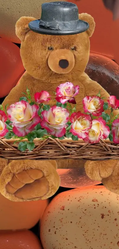 Teddy bear with roses and hat on a decorative background.