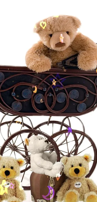 Charming teddy bears in vintage pram with hearts and stars.
