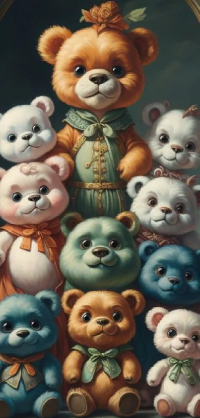 Adorable teddy bears in pastel colors for a cozy mobile wallpaper.