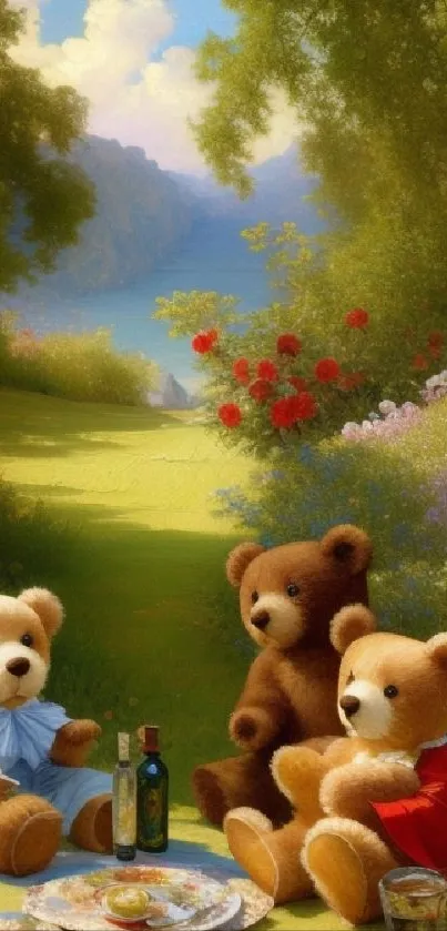 Teddy bears having a picnic in a sunny meadow with trees and flowers.