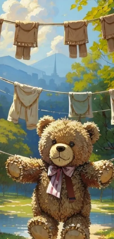 Teddy bear on clothesline with sunlit forest path