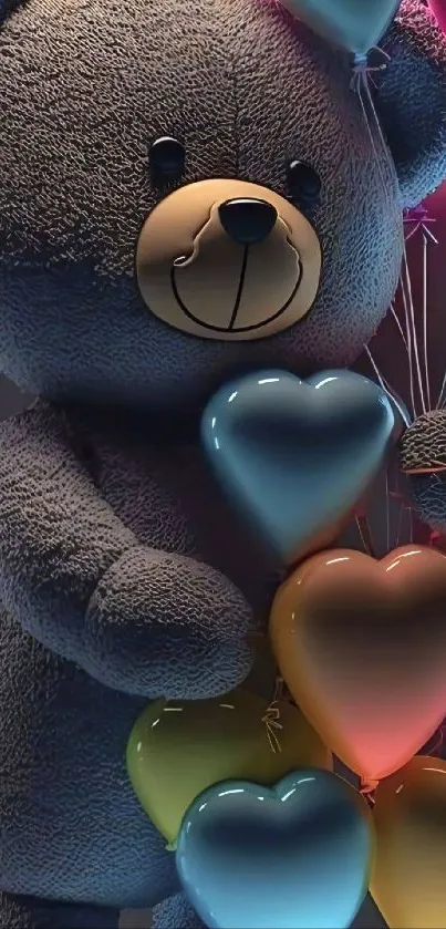 Cute teddy bear with heart-shaped balloons in vibrant colors.