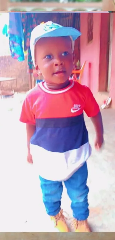 Adorable toddler in colorful outfit standing outside.