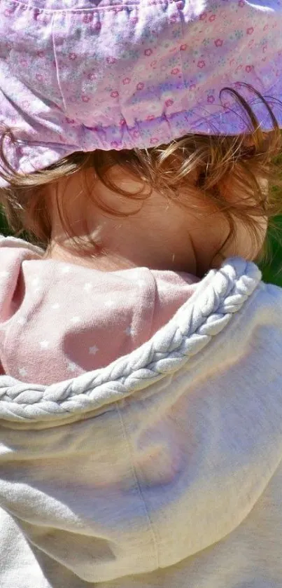 Cute toddler wearing pink hat outdoor.