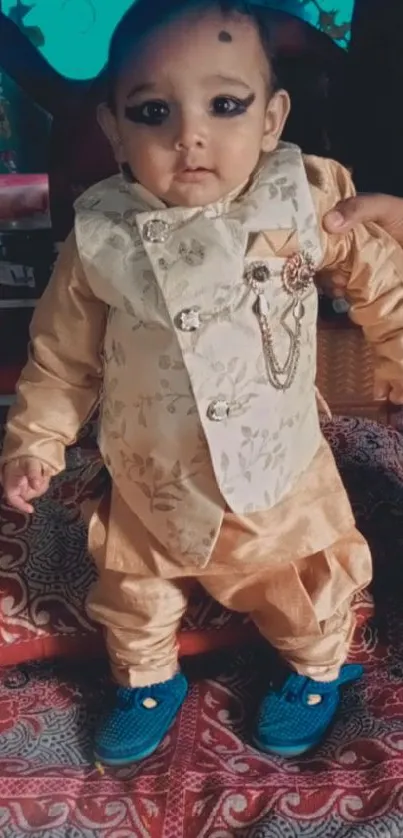 Cute toddler in traditional clothing on a vibrant carpet.