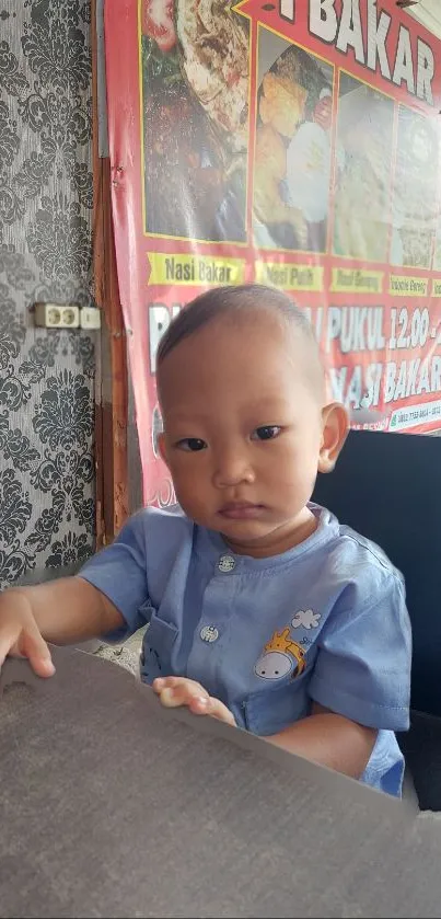 Adorable toddler smiling in blue shirt at cafe.