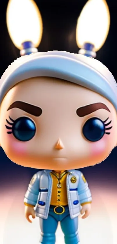 Cute toy character with light blue outfit and glowing lights.