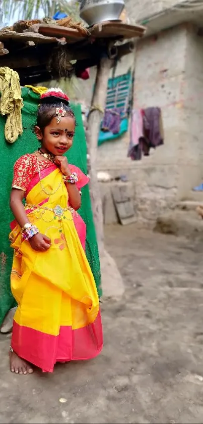 Child in vibrant traditional attire against a rustic background.