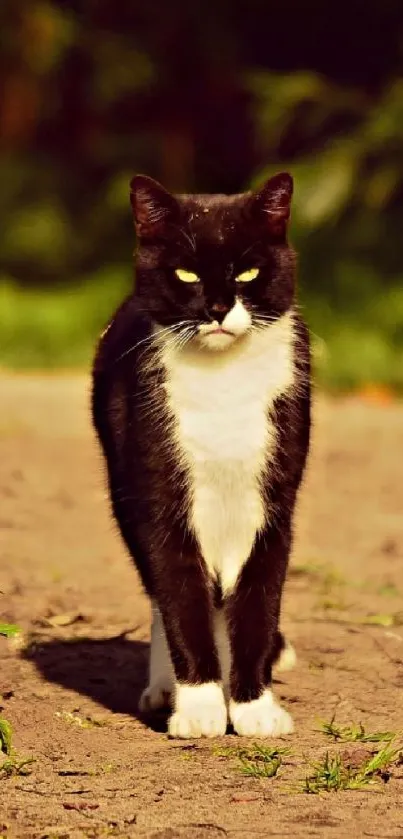 Tuxedo cat strolling along a sunlit garden path.