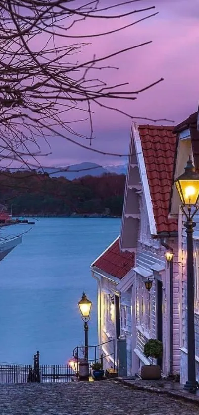 Charming twilight street view with purple sky and streetlamps by the water.