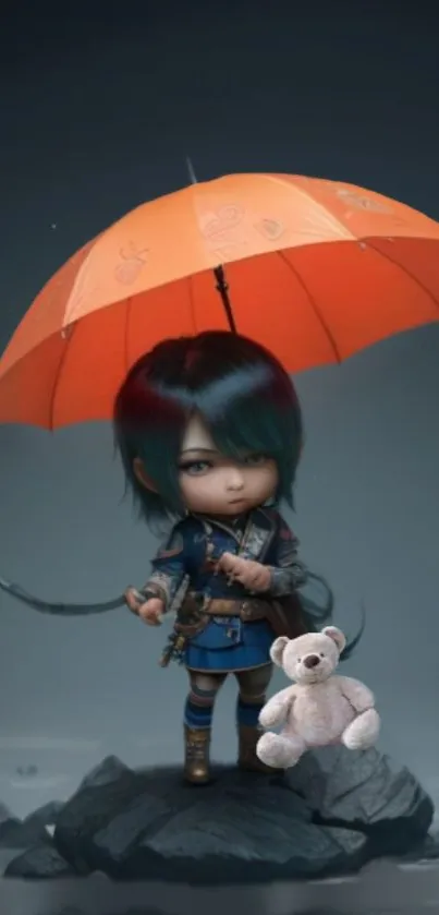 Cute character with umbrella on rock.