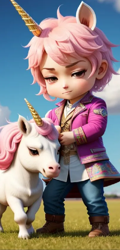 Chibi character with a unicorn in a grassy field under a bright blue sky.