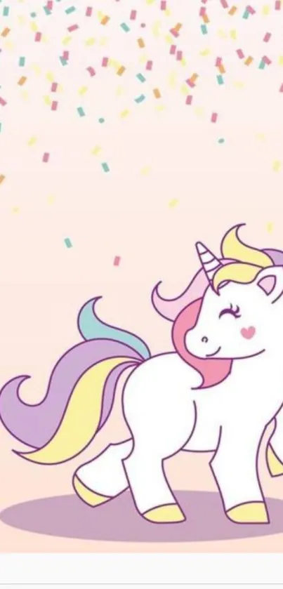 Colorful unicorn with confetti on a pastel background.