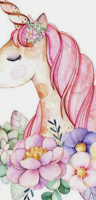 Unicorn watercolor art with flowers, pastel colors.