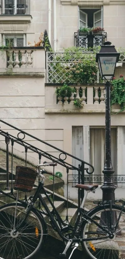 Vintage bicycle against European architecture with urban charm.