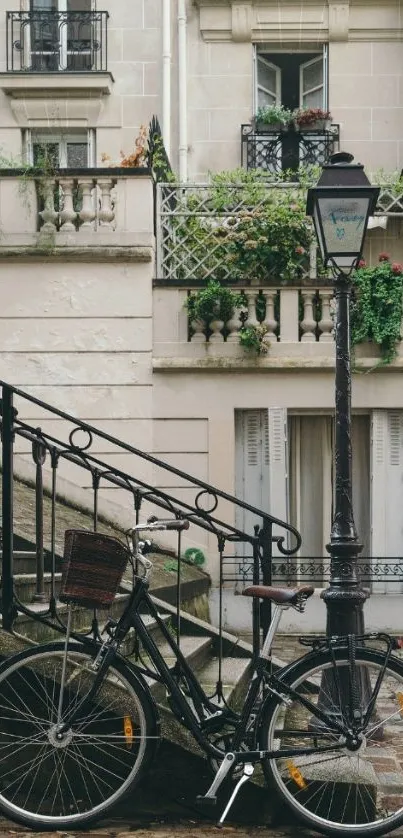 Vintage bicycle by Parisian building stairs.